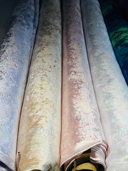 Snake design iridescent foil on stretch velvet 4-way stretch 58/60” Sold by the YD. Ships Worldwide from Los Angeles California USA.