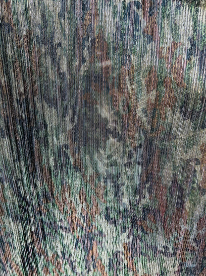 New camouflage design print on metallic mesh pleated 2-way stretch 58/60” Sold by the YD. Ships Worldwide from Los Angeles California USA.