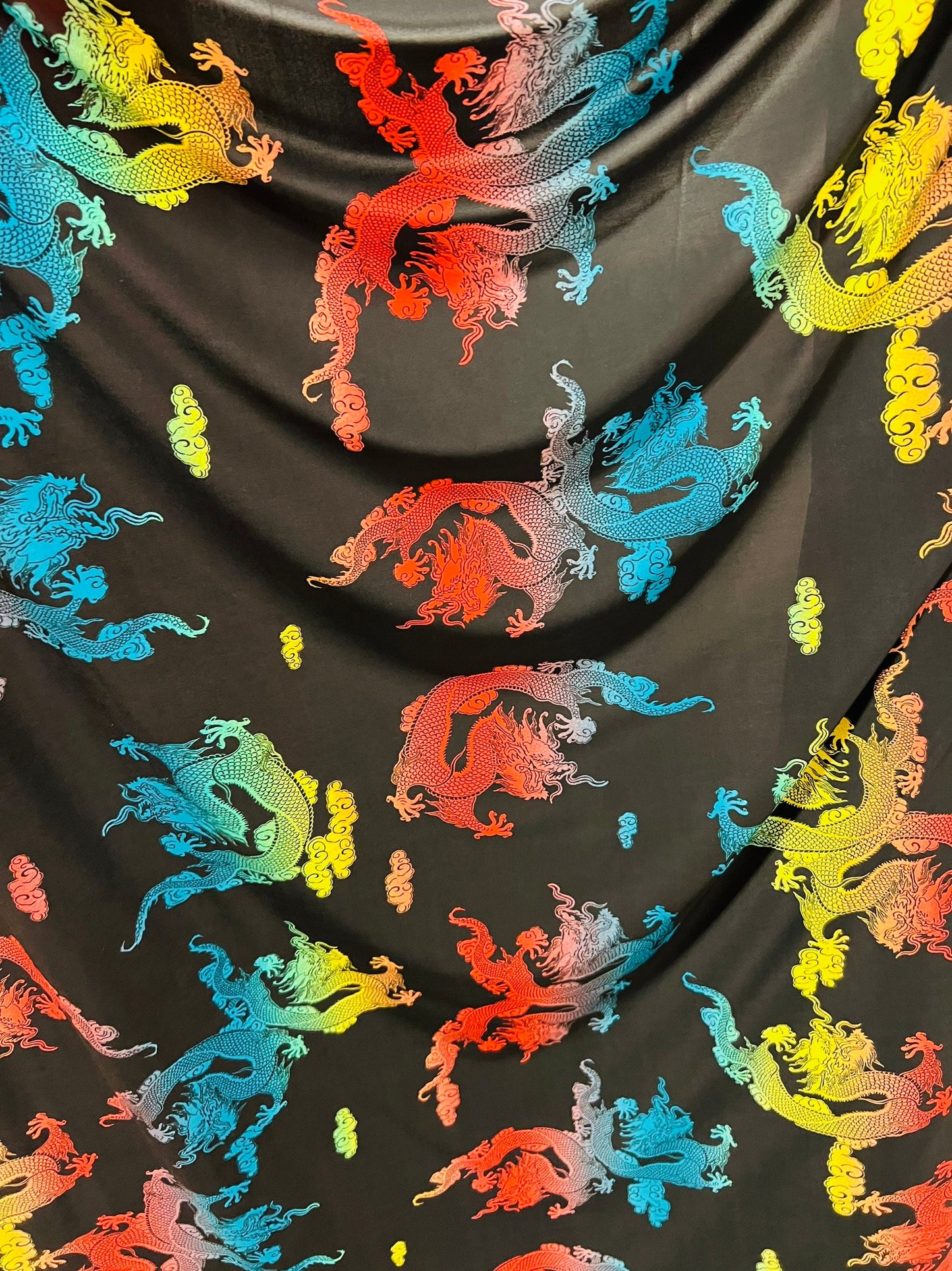 Exotic dragon design print on poly spandex light weight 4-way stretch 58/60” Sold by the YD. Ships Worldwide from Los Angeles California USA