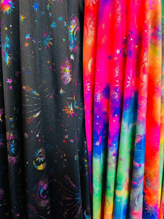 Moon and stars design print on best quality of nylon spandex 4-way stretch 58/60” Sold by the YD. Ships Worldwide from Los Angeles cali
