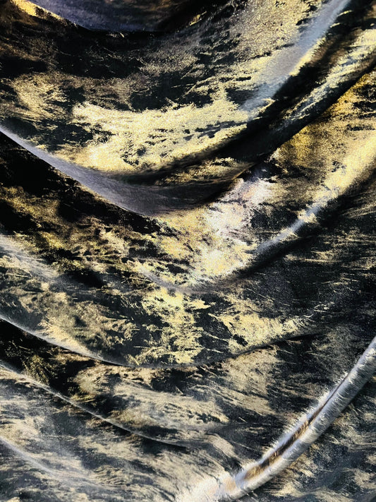 Splatter design New metallic stretch velvet black/gold 4way 58/60” Sold by the YD. Ships worldwide from Los Angeles California USA