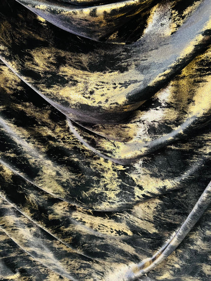 Splatter design New metallic stretch velvet black/gold 4way 58/60” Sold by the YD. Ships worldwide from Los Angeles California USA