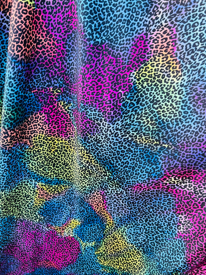 Cheetah design exotic animal print multicolor print on great quality of nylon spandex 4-way stretch 58/60” Sold by the YD. Ships Worldwide