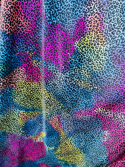 Cheetah design exotic animal print multicolor print on great quality of nylon spandex 4-way stretch 58/60” Sold by the YD. Ships Worldwide