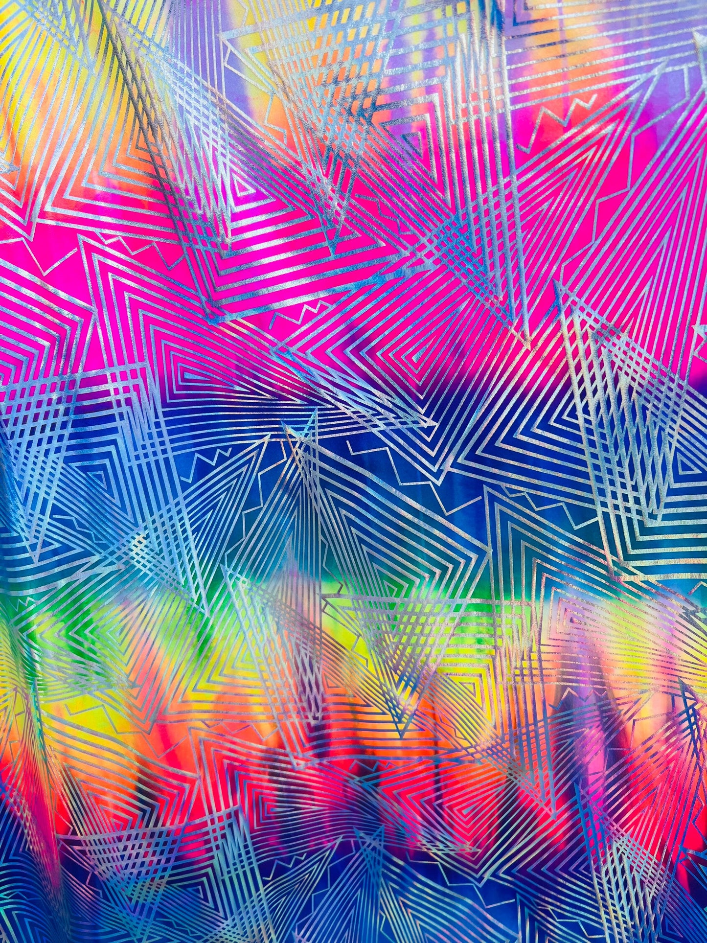 New Geometric lacer design hologram tie dye nylon spandex rainbow color 4-way stretch 58/60” Sold by the YD.