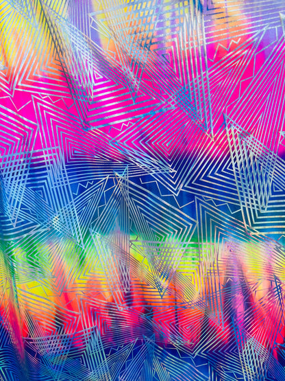 New Geometric lacer design hologram tie dye nylon spandex rainbow color 4-way stretch 58/60” Sold by the YD.