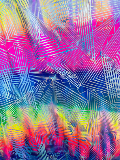New Geometric lacer design hologram tie dye nylon spandex rainbow color 4-way stretch 58/60” Sold by the YD.