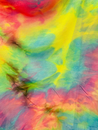 Tie dye design power mesh 4-way stretch 58/60” Sold by the YD. Ships Worldwide from Los Angeles California USA.
