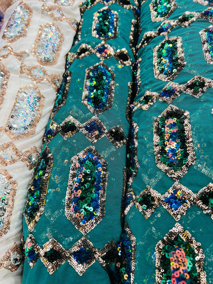 Luxury Geometric Iridescent sequins on stretch mesh 2-way 50/52” Sold by the YD. Ships worldwide from Los Angeles California USA.