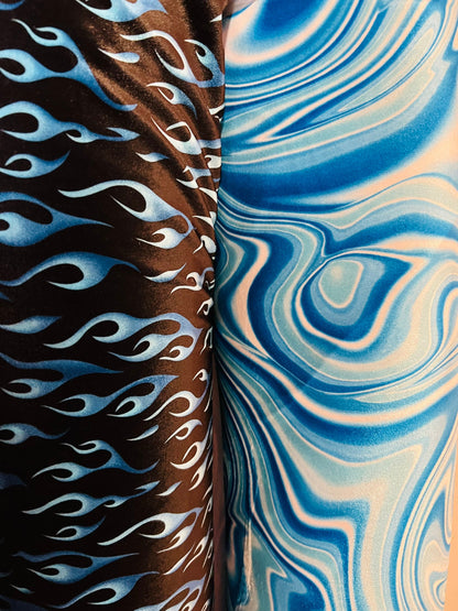 Flame and modern abstract lava design print on best quality of stretch velvet 4-way stretch 58/60” Sold by the YD. Ships Worldwide from L.A