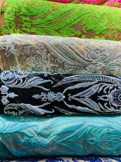 New Beyonce design Luxury embroidered sequins on stretch mesh 4-way 55/57” Sold by the YD. Ships Worldwide from Los Angeles California USA.