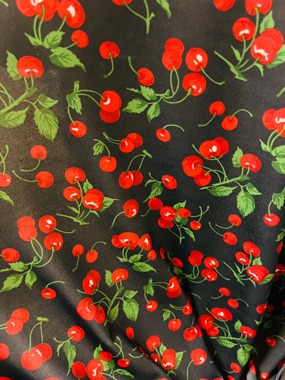 Cherry design Black/Red print on great quality of nylon spandex 4-way stretch 58/60” Sold by the YD. Ships Worldwide from Los Angeles CA