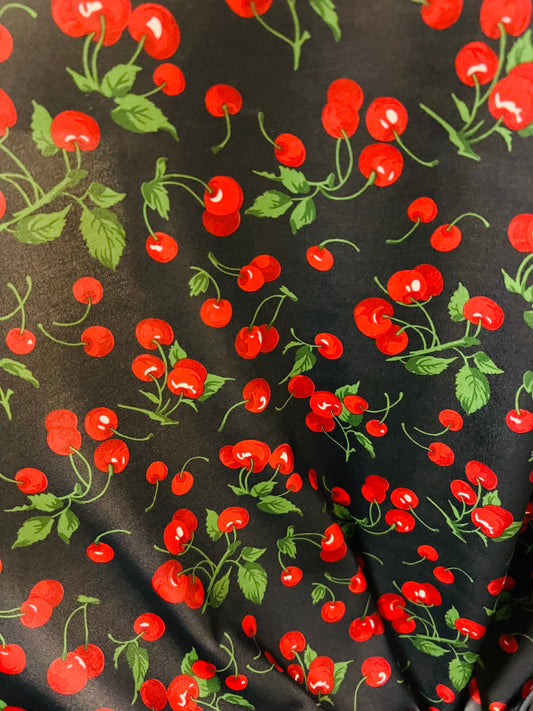 Cherry design Black/Red print on great quality of nylon spandex 4-way stretch 58/60” Sold by the YD. Ships Worldwide from Los Angeles CA