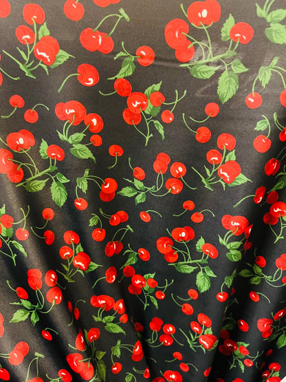 Cherry design Black/Red print on great quality of nylon spandex 4-way stretch 58/60” Sold by the YD. Ships Worldwide from Los Angeles CA