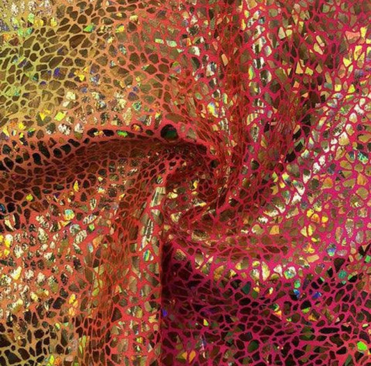 Reptile hologram design metallic nylon spandex 4-way stretch 58/60” Yellow/Pink/Gold