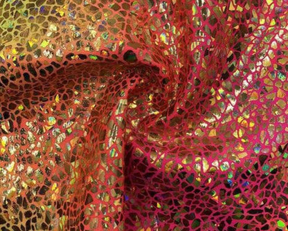 Reptile hologram design metallic nylon spandex 4-way stretch 58/60” Yellow/Pink/Gold
