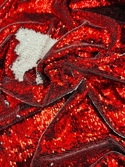 Mermaid sequins red/white reversible sequins embroidered on spandex base 2-way stretch 55/57” Sold by the YD. Ships Worldwide from Los Angel