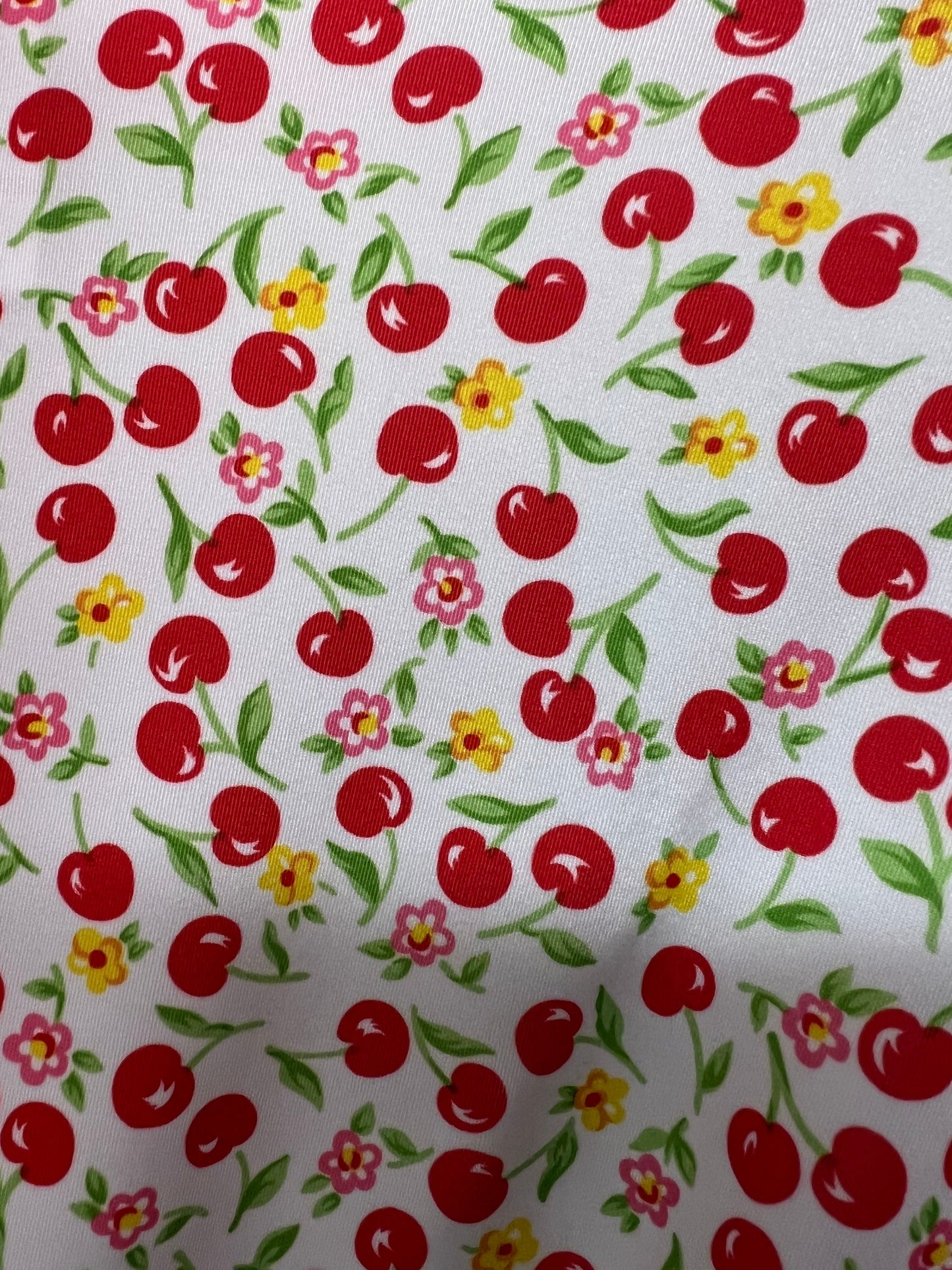 Cherry design White/Red print on great quality of nylon spandex 4-way stretch 58/60” Sold by the YD. Ships Worldwide from Los Angeles Califo