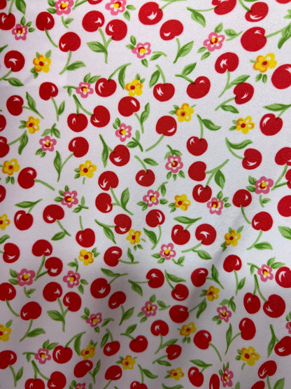 Cherry design White/Red print on great quality of nylon spandex 4-way stretch 58/60” Sold by the YD. Ships Worldwide from Los Angeles Califo