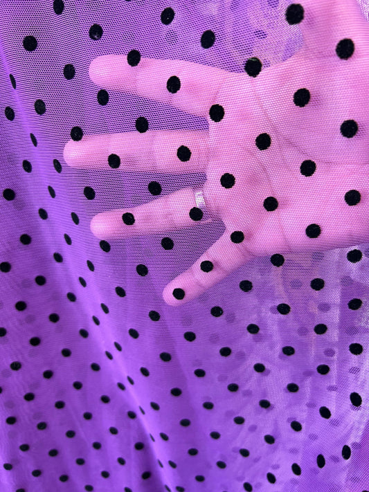 Polka dots design on power mesh with flocking 4-way stretch 58/60” Sold by the YD. Ships Worldwide from Los Angeles California USA