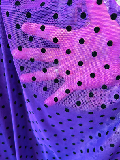 Polka dots design on power mesh with flocking 4-way stretch 58/60” Sold by the YD. Ships Worldwide from Los Angeles California USA