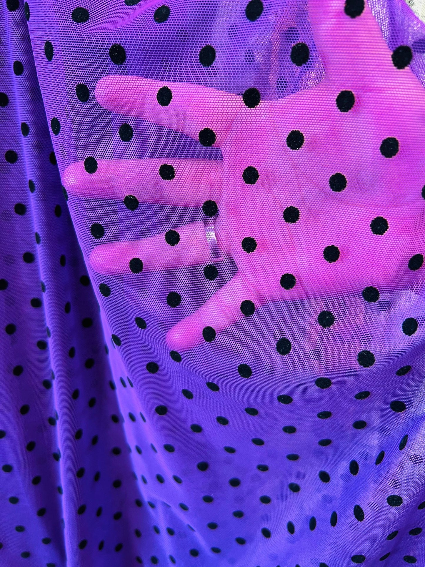 Polka dots design on power mesh with flocking 4-way stretch 58/60” Sold by the YD. Ships Worldwide from Los Angeles California USA