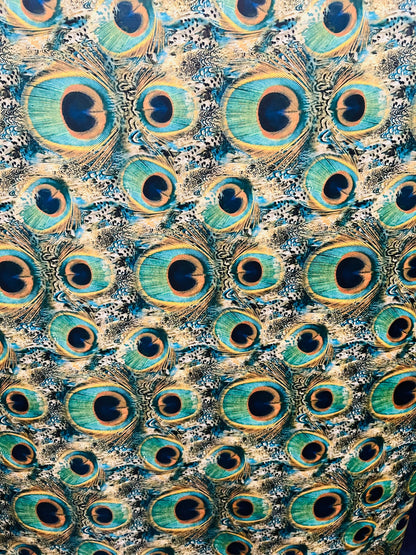 Exotic Peacock design Multicolors in nylon spandex  4way stretch 58/60" Sold by the YD. Ships worldwide from Los Angeles California USA