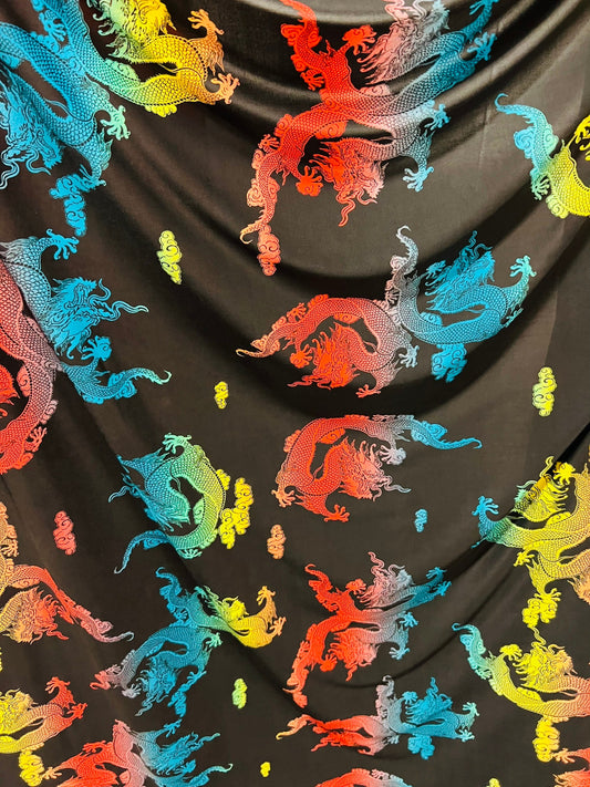 Exotic dragon design print on poly spandex light weight 4-way stretch 58/60” Sold by the YD. Ships Worldwide from Los Angeles California USA
