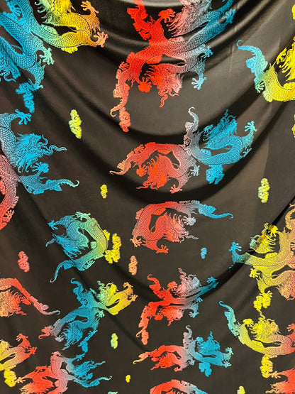 Exotic dragon design print on poly spandex light weight 4-way stretch 58/60” Sold by the YD. Ships Worldwide from Los Angeles California USA