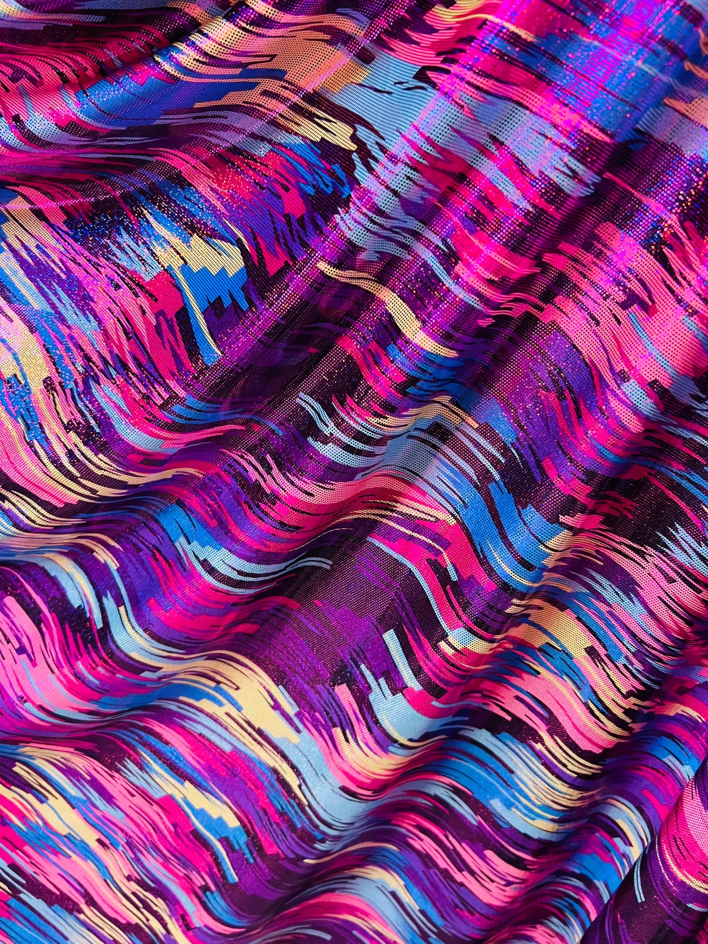 New abstract paint design Hot pink/fuchsia multicolor hologram metallic poly spandex 2-way stretch 58/60” Sold by the YD