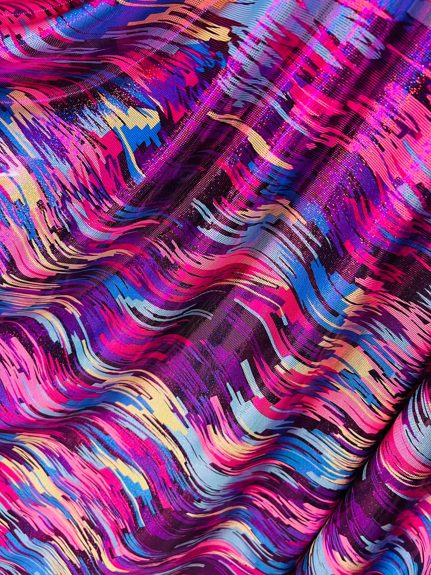 New abstract paint design Hot pink/fuchsia multicolor hologram metallic poly spandex 2-way stretch 58/60” Sold by the YD