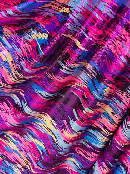 New abstract paint design Hot pink/fuchsia multicolor hologram metallic poly spandex 2-way stretch 58/60” Sold by the YD