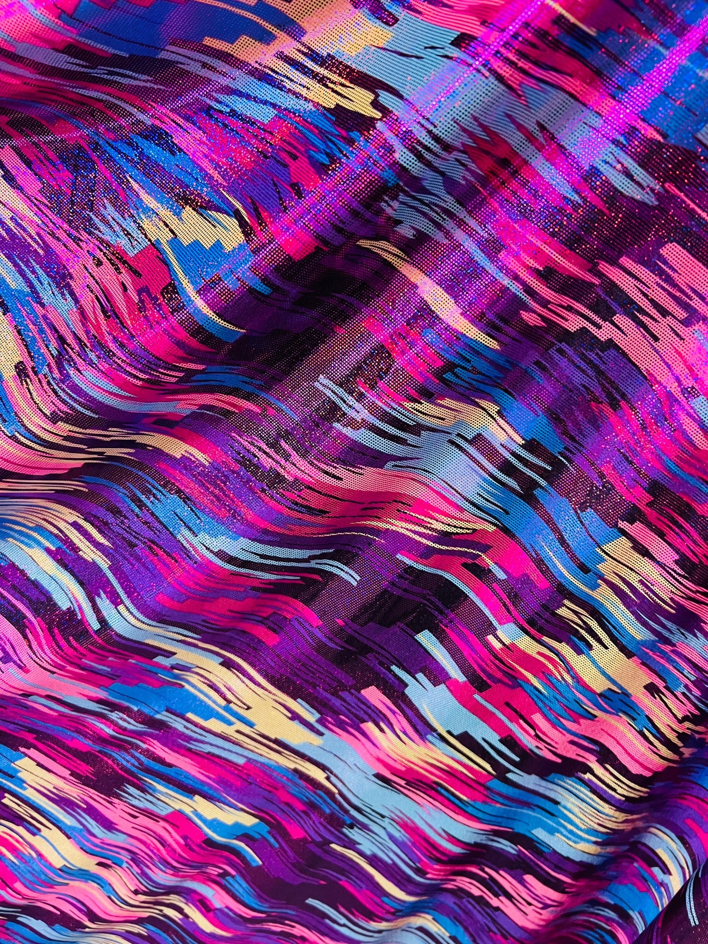 New abstract paint design Hot pink/fuchsia multicolor hologram metallic poly spandex 2-way stretch 58/60” Sold by the YD