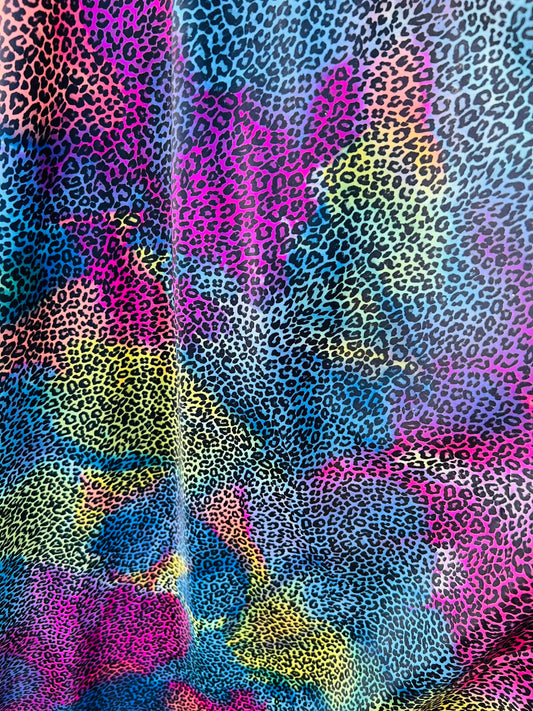 Cheetah design exotic animal print multicolor print on great quality of nylon spandex 4-way stretch 58/60” Sold by the YD. Ships Worldwide