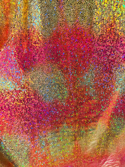 Hologram pebbles design metallic tie dye nylon spandex with foil 4-way stretch 58/60” Sold by the YD. Ships Worldwide from Los Ángeles CA