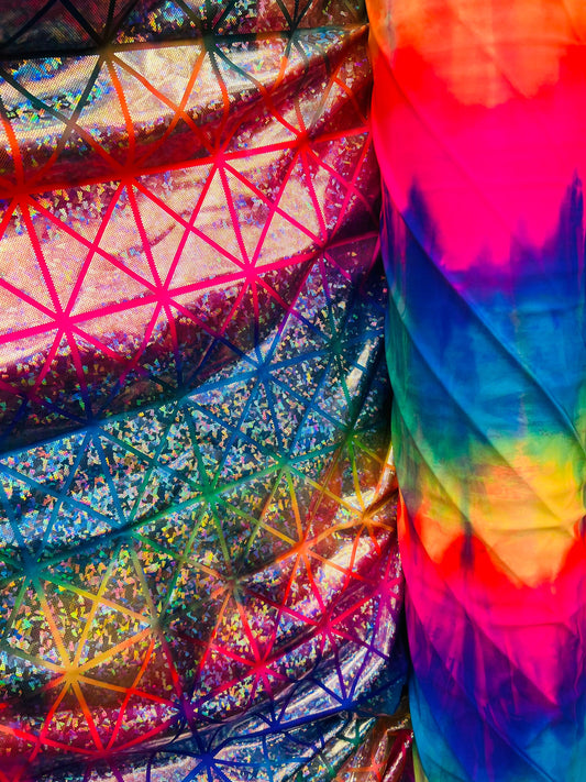 Geometric desing hologram tie dye nylon spandex 58/60" sold by the yd. Ships worldwide from Los Angeles California USA