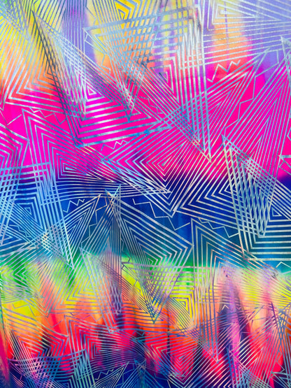 New Geometric lacer design hologram tie dye nylon spandex rainbow color 4-way stretch 58/60” Sold by the YD.