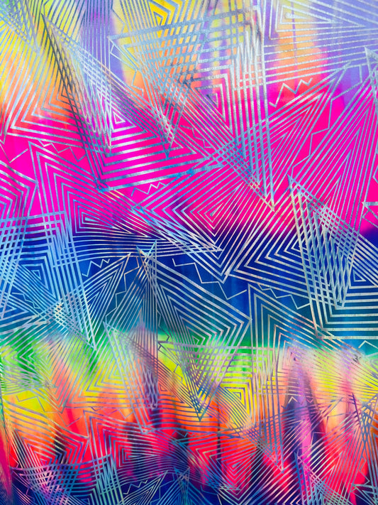New Geometric lacer design hologram tie dye nylon spandex rainbow color 4-way stretch 58/60” Sold by the YD.