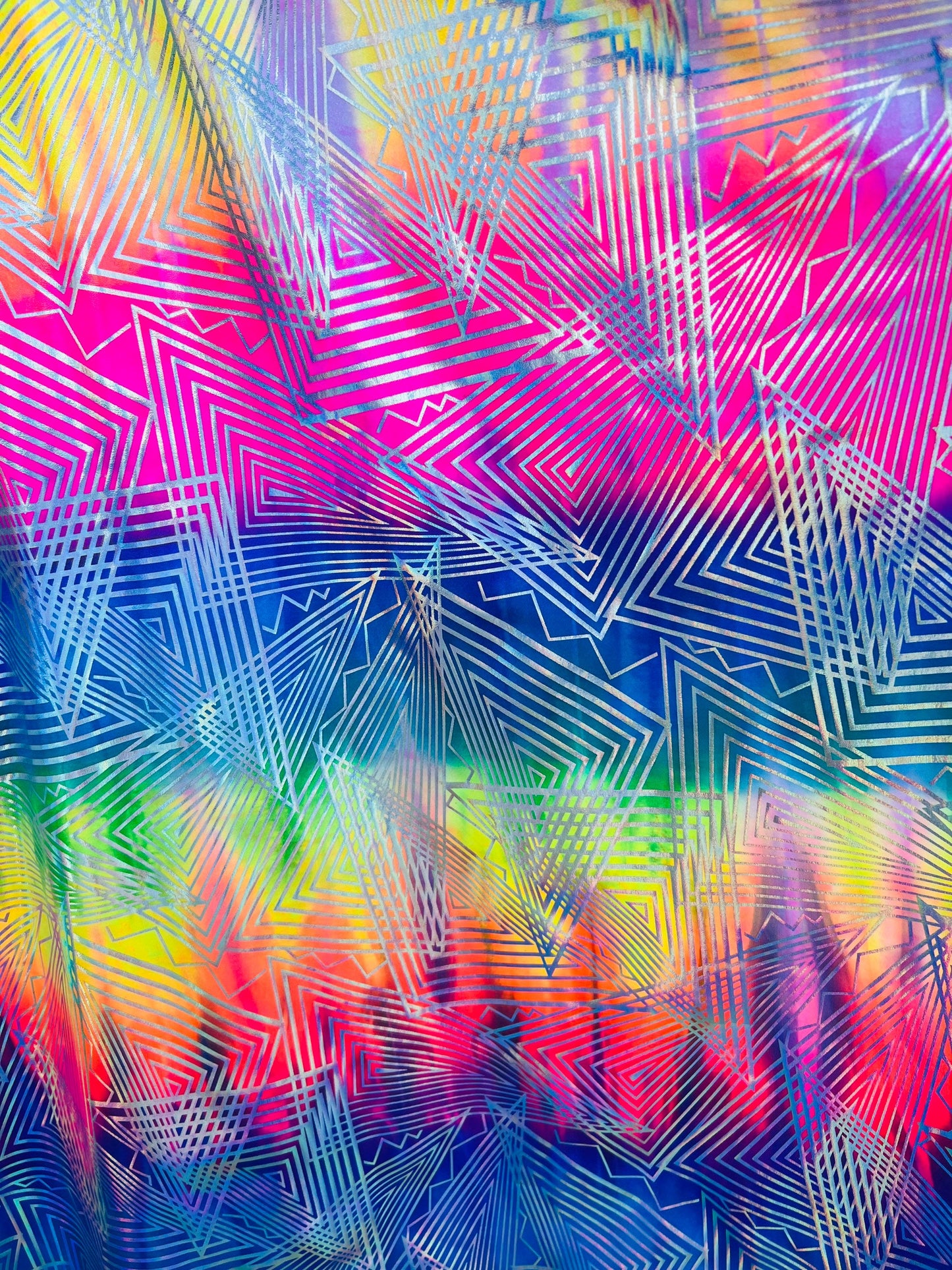 New Geometric lacer design hologram tie dye nylon spandex rainbow color 4-way stretch 58/60” Sold by the YD.
