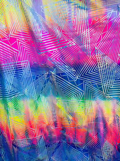 New Geometric lacer design hologram tie dye nylon spandex rainbow color 4-way stretch 58/60” Sold by the YD.
