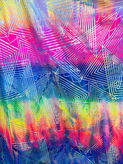 New Geometric lacer design hologram tie dye nylon spandex rainbow color 4-way stretch 58/60” Sold by the YD.