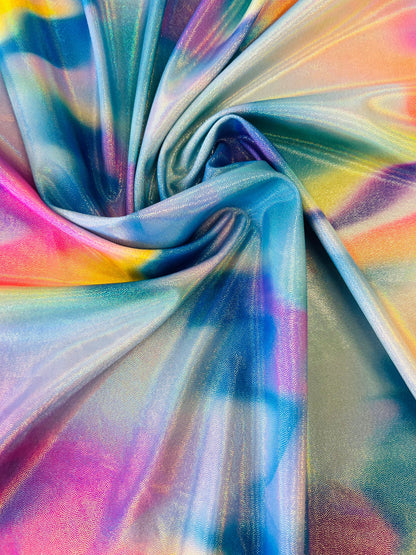 Multi pastel tie dye nylon spandex print on best quality of 4-way metallic spandex 58/60” Sold by the YD.