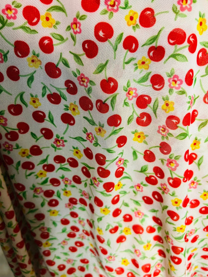 Cherry design print on best quality of power mesh nylon spandex 4-way stretch 58/60” Sold by the YD. Ships Worldwide from Los Angeles CA