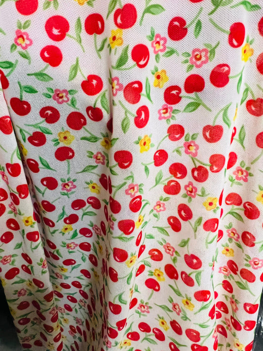 Cherry design print on best quality of power mesh nylon spandex 4-way stretch 58/60” Sold by the YD. Ships Worldwide from Los Angeles CA