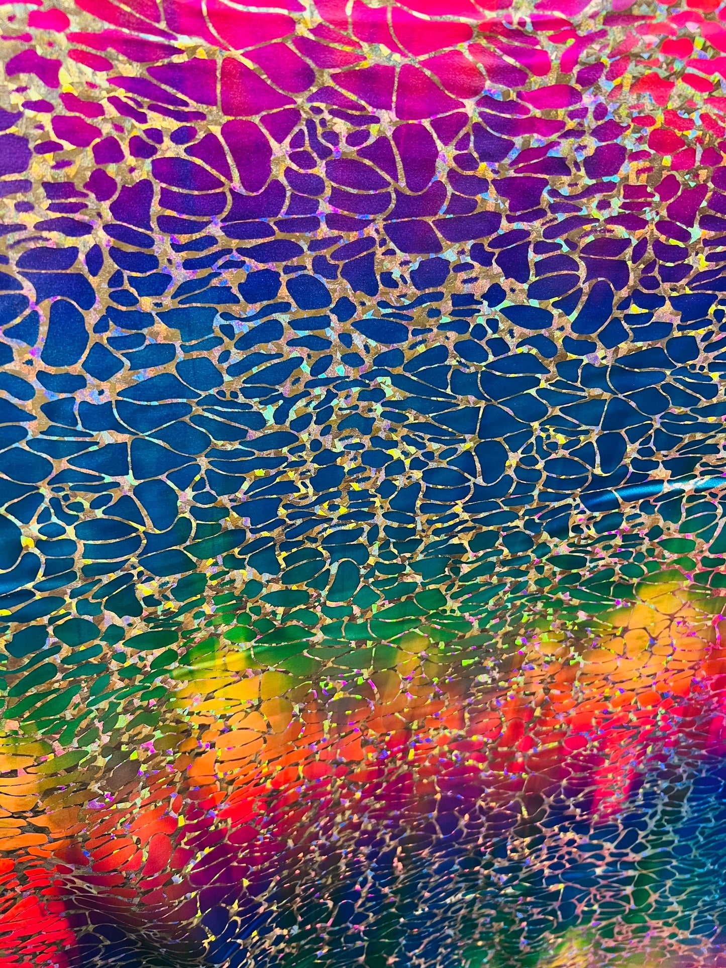 Tie dye Hologram metallic foil on nylon spandex 4way stretch 58/60" Sold by the YD. Ships worldwide from Los Angeles California USA