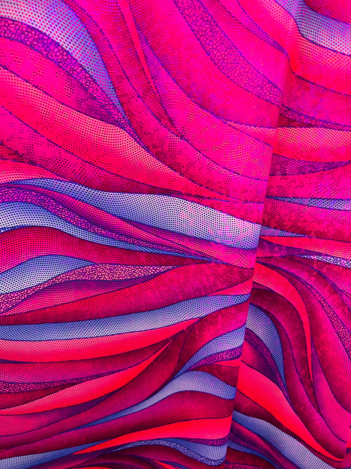 New hologram abstract design metallic nylon spandex 4-way stretch 58/60” Sold by the YD. Ships Worldwide from Los Angeles California USA