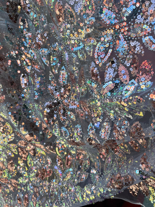 Luxury flower design embroidered and heavily beaded with Beads and Sequins lace fabric 2-way Stretch 55/57” Sold by the YD.