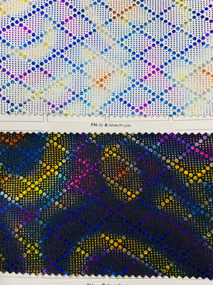 Geometric Diamond design hologram metallic nylon spandex 4-way stretch 58/60” Sold by the YD. Ships Worldwide from Los Angeles California US