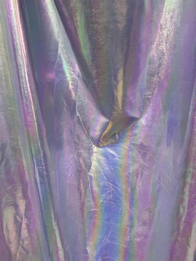 New Iridescent all over foil metallic nylon spandex 4-way stretch 58/60” Sold by the YD. Ships Worldwide from Los Angeles California