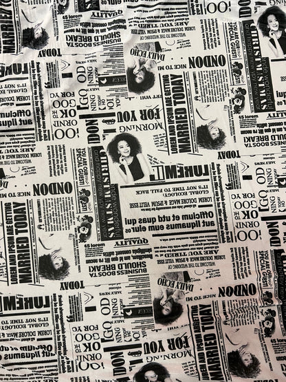 Newspaper fashion design print on great quality of power mesh 4-way stretch 58/60” Sold by the YD. Ships Worldwide from Los Angeles CA